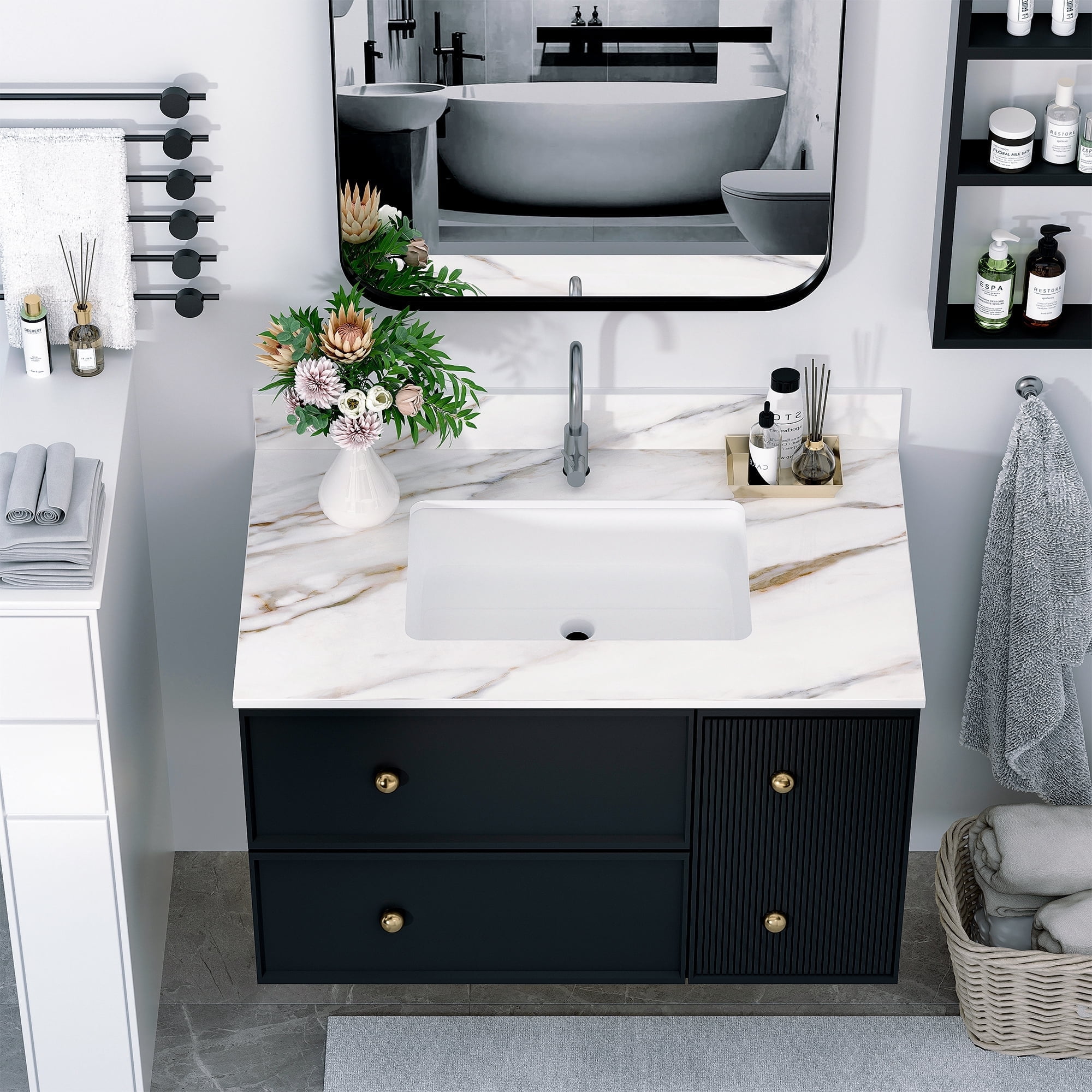 Montary 37" Carrara White Marble Bathroom Vanity Top with Undermount ...