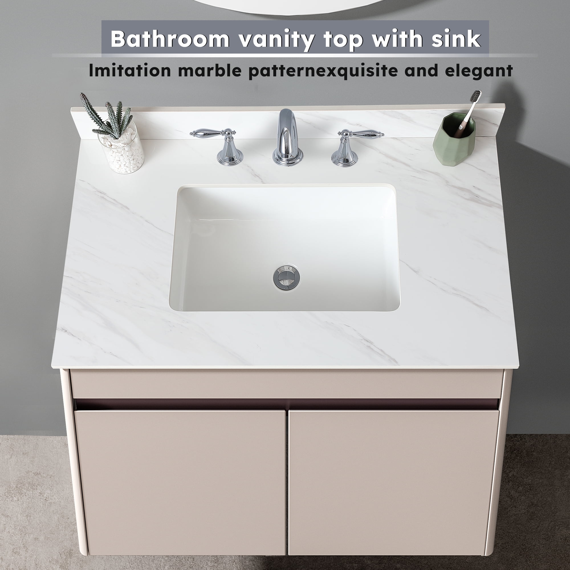 37 Inch White Marble Vanity Top with Pre-Drilled Faucet Holes and Sink