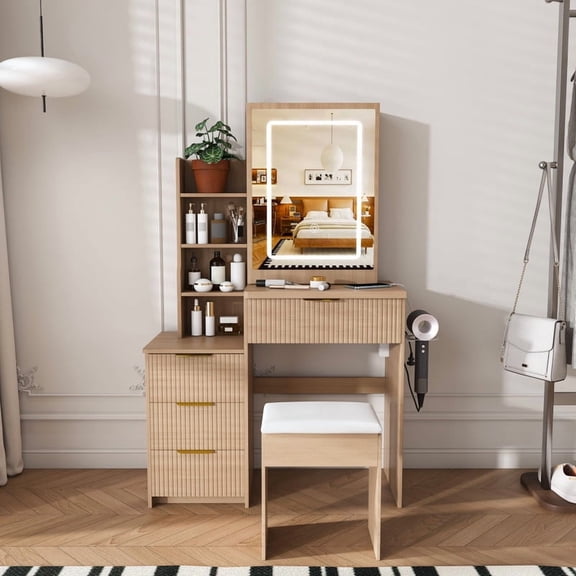 Montary 39.3" Spacious Vanity Desk Set with LED Adjustable Mirror, 4 Drawers and Multiple Open Storage Shelves, A Hair Dryer Holder and Power Socket,Walnut