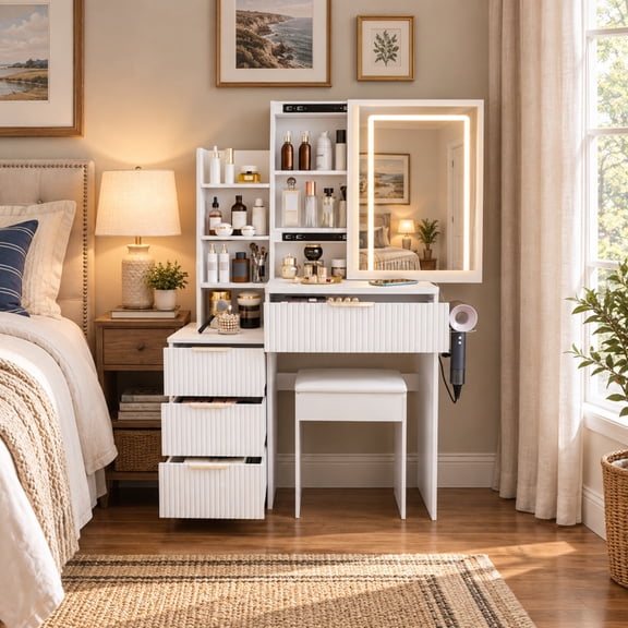 Montary 39.3" Spacious Vanity Desk Set with LED Adjustable Mirror, 4 Drawers and Multiple Open Storage Shelves, A Hair Dryer Holder and Power Socket,White