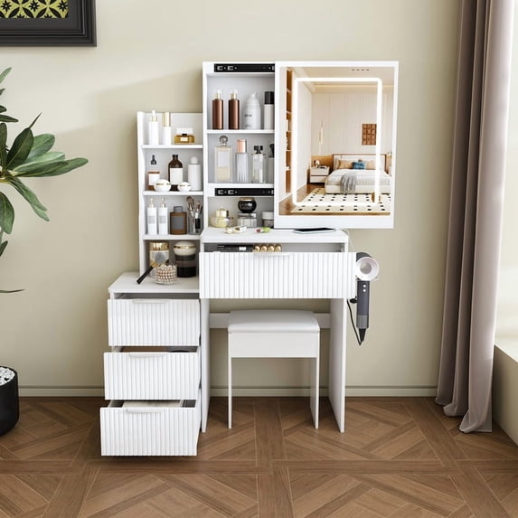 Montary 39.3" Spacious Vanity Desk Set with LED Adjustable Mirror, 4 Drawers and Multiple Open Storage Shelves, A Hair Dryer Holder and Power Socket,White