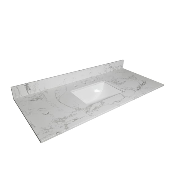 Montary 43x22 bathroom stone vanity top engineered stone carrara white marble color with rectangle undermount ceramic sink and 3 hole with back .