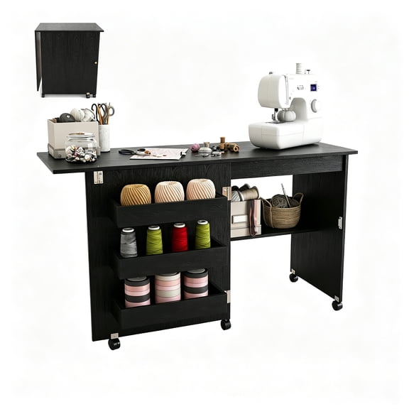 Montary 45.67" 4-in-1 Folding Sewing Table with Lockable Wheels and Cabinet - Multipurpose Craft Station, Computer Desk,Kitchen Storage & Side Desk with Compact Design for Apartments,Black