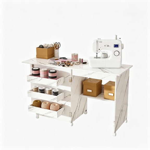 Montary 45.67" 4-in-1 Folding Sewing Table w/Lockable Wheels, Cabinet, Compact for Apartment, Dorm, White