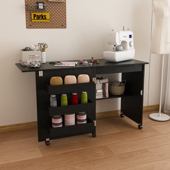 Montary 45.67" 4-in-1 Folding Sewing Table with Lockable Wheels and Cabinet - Multipurpose Craft Station, Computer Desk,Kitchen Storage & Side Desk with Compact Design for Apartments,Black