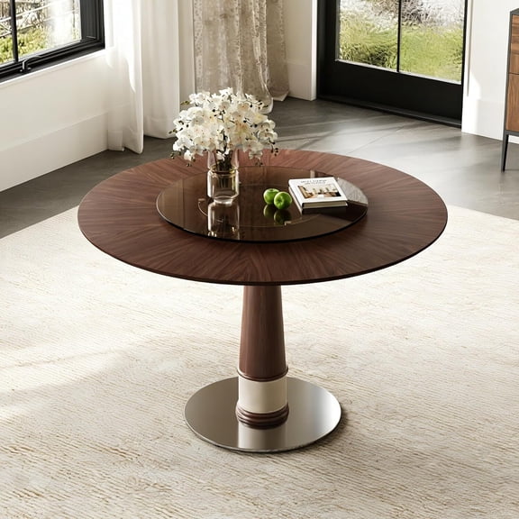 Montary 47 Inch Solid Wood Dining Table with 23 Inch Tempered Glass Lazy Susan, Stainless Steel Base Round Kitchen Table Retro Fashion Home Restaurant Office Table, Walnut Color