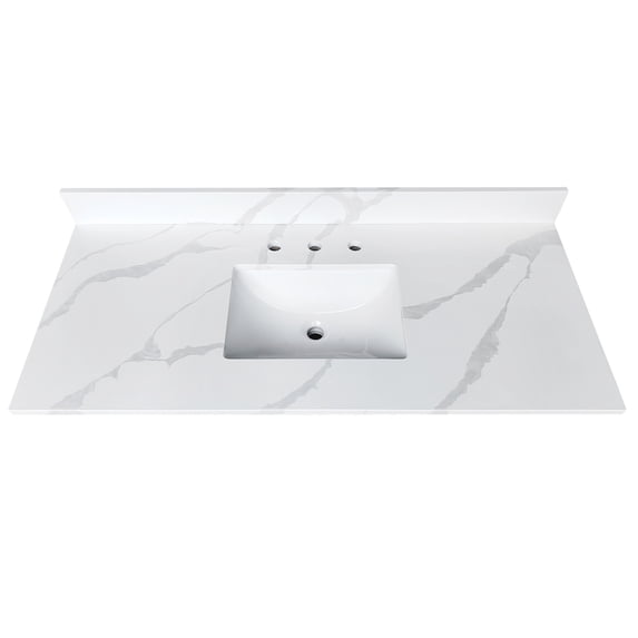 Montary 49-inch Quartz Bathroom Vanity Top with Undermounted Ceramic Sink & 4 Inch High Backsplash, 3/4" Thick Quartz Stone Vanity Sink Tops with 3 Pre-Drilled Holes, Calacatta White