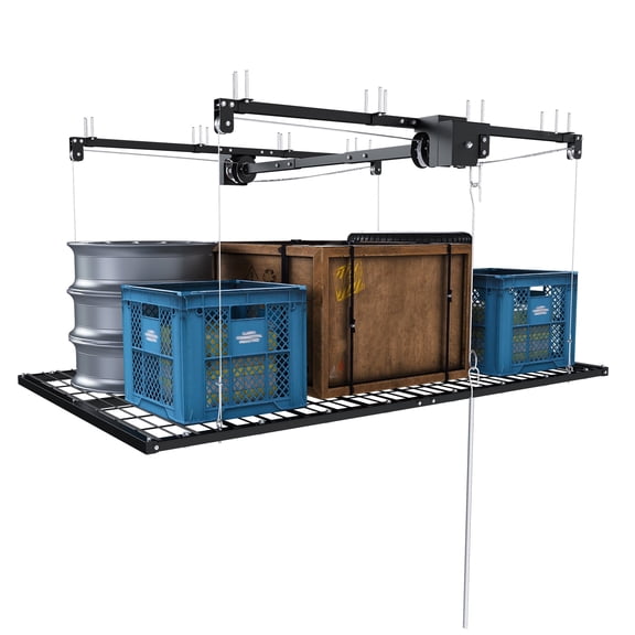 Montary 4x8 FT Overhead Garage Storage Rack for 10-12 FT Ceiling, Adjustable Ceiling Storage Rack with Safety Lock, 350LBS Capacity All-Steel Construction Heavy-Duty Garage Lifting Organizer,Black