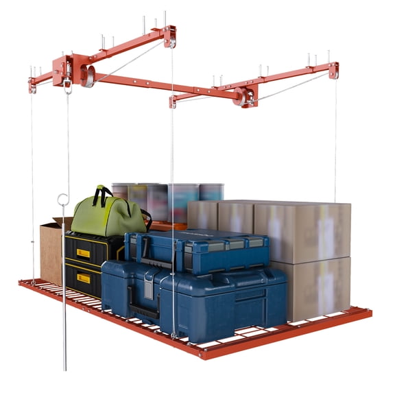 Montary 4x8 FT Overhead Garage Storage Rack for 10-12 FT Ceiling, Adjustable Ceiling Storage Rack with Safety Lock, 350LBS Capacity All-Steel Construction Heavy-Duty Garage Lifting Organizer-Orange