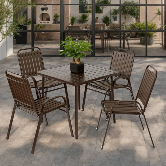 Montary 5-Pc Plastic & Steel Outdoor Dining Set w/ Table & Chairs for Patio/Garden (Brown)