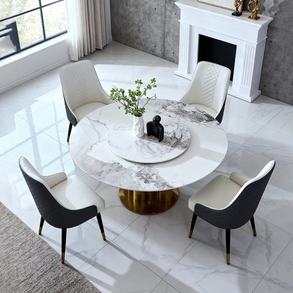 Montary 5 Piece Dining Table Set, Modern Dining Table Set of 4, Round 59" D Faux Marble Dining Table with Lazy Susan, Sintered Stone and Metal Dining Table with 4 High-Back Chairs, for Dining Room