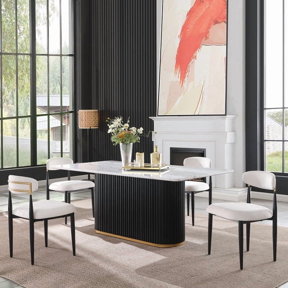 Montary 5 Piece Modern Dining Table Set of 4,Rectangular 69 Inch Faux Marble Dining Table,Faux Marble Top with Black Wave Metal Base & Gold Accent with 4 Beige Chairs