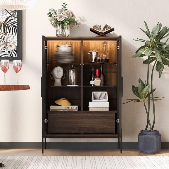Montary 51.2" LED Curio Cabinet with Tempered Glass Door & Metal Legs, Modern Minimalist for Living Room/Office/Study, Walnut