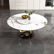 Montary 53" Modern Round Dining Table for 4-8 Seat, Artificial Marble Dining Room Table with Lazy Susan, 3 Gold Circles Stainless Steel Base, Sintered Stone Top Dining Table Only Table