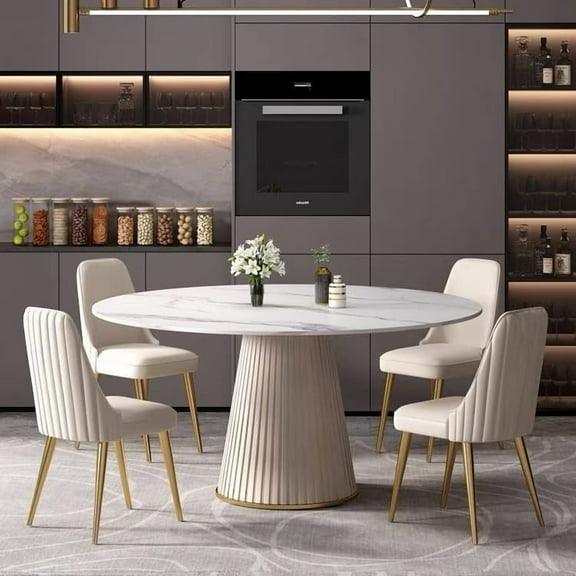 Montary 53" Round Sintered Stone Table w/ 4 Cream Chairs | Marble-Design & Steel Base | 5-PC Dining Set for Kitchen/Home