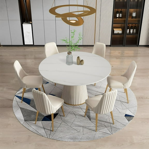 Montary 53" Round Sintered Stone Table w/ 6 Cream Chairs | Marble-Design & Steel Base | 7-PC Dining Set for Kitchen/Home