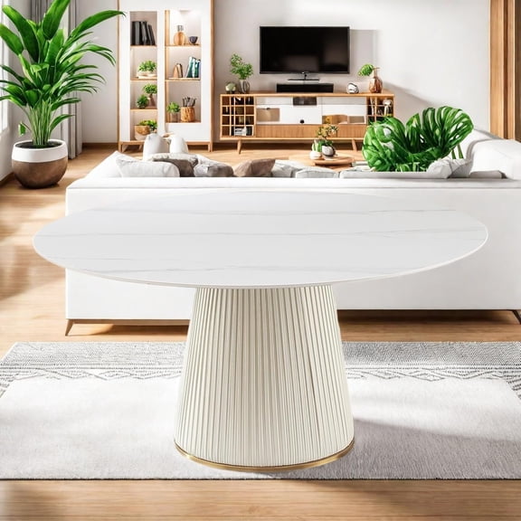 Montary 53" Round Sintered Stone Table w/ Cylinder Leather Base | Marble-Design & Modern Style | 6-8 Seater (Table Only)
