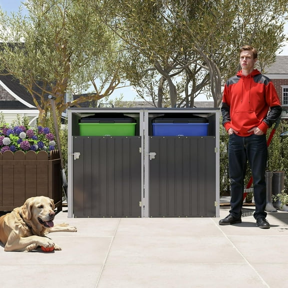 Montary 54 CU.FT Metal Outdoor Garbage Bin Storage Shed with Chain Lid, Waterproof Trash Can Organizer for 2 Bins, Garden Tools for Garden Yard Lawn, Dark Grey