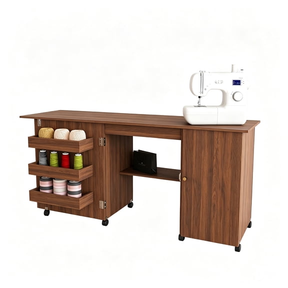 Montary 57.5" 4-in-1 Folding Sewing Table with Lockable Wheels and Cabinet - Multipurpose Craft Station, Computer Desk,Kitchen Storage & Side Desk with Compact Design for Apartments,Walnut