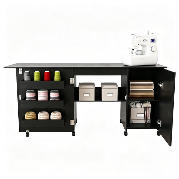 Montary 57.5" 4-in-1 Folding Sewing Table with Lockable Wheels and Cabinet - Multipurpose Craft Station, Computer Desk,Kitchen Storage & Side Desk with Compact Design for Apartments,Black