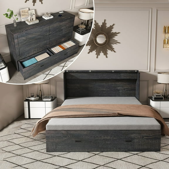 Montary 57-Inch Murphy Bed with Storage, Charging, Foldable, Quiet, Multi-Room Use, Carbon Black