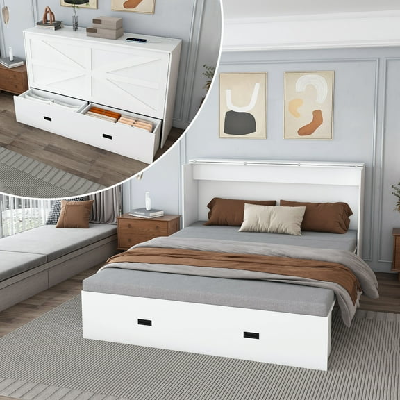 Montary 57-Inch Murphy Bed with Storage, Charging, Foldable, Quiet, Multi-Room Use, White
