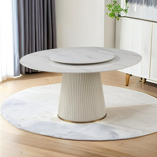 Montary 59" Modern Round Dining Table w/ Lazy Susan & Cylinder Base - White Sintered Stone Tabletop for 6-8, Marble Design (Table Only)