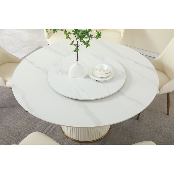 Montary 59" Sintered Stone Dining Table w/ Lazy Susan & Turntable - Round Tabletop for Kitchen/Dining Room (Table Only TOP)