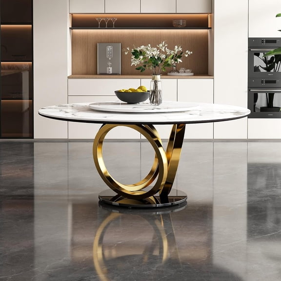 Montary 59" Modern Round Dining Table for 6-8 Seat, Artificial Marble Dining Room Table with Lazy Susan, 3 Gold Circles Stainless Steel Base, Sintered Stone Top Dining Table (Only Table)