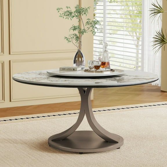 Montary 59" Modern Round Dining Table for 6-8 Seat, Artificial Marble Dining Room Table with Lazy Susan, Morán Purple Double C Stainless Steel Base, Sintered Stone Top Dining Table (Only Table)