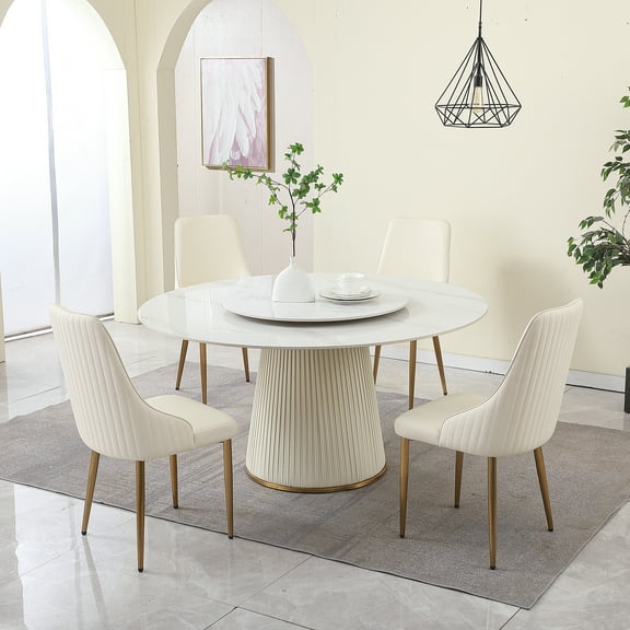Montary 59" Round Dining Set w/ Lazy Susan & Marble Design | 4 Cream Chairs | 5-PC for Home/Kitchen/Dining