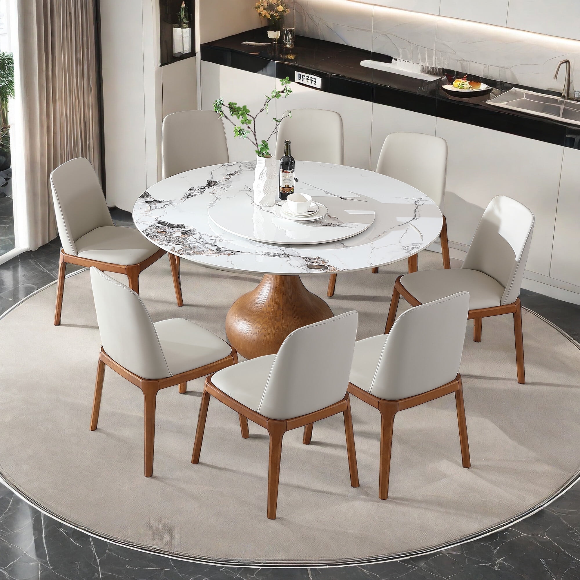 Montary 59" Round Dining Set w/ Lazy Susan - Sintered Stone Top & Wood Base, 1 Table +8 Chairs for Dining/Kitchen
