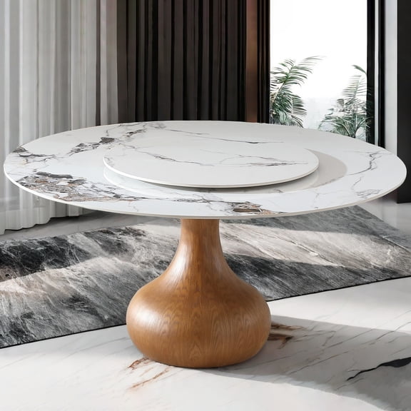Montary 59" Round Dining Table w/ Lazy Susan & Walnut Base - Sintered Stone Top for 6-8, Kitchen/Dining Room (Table Only)