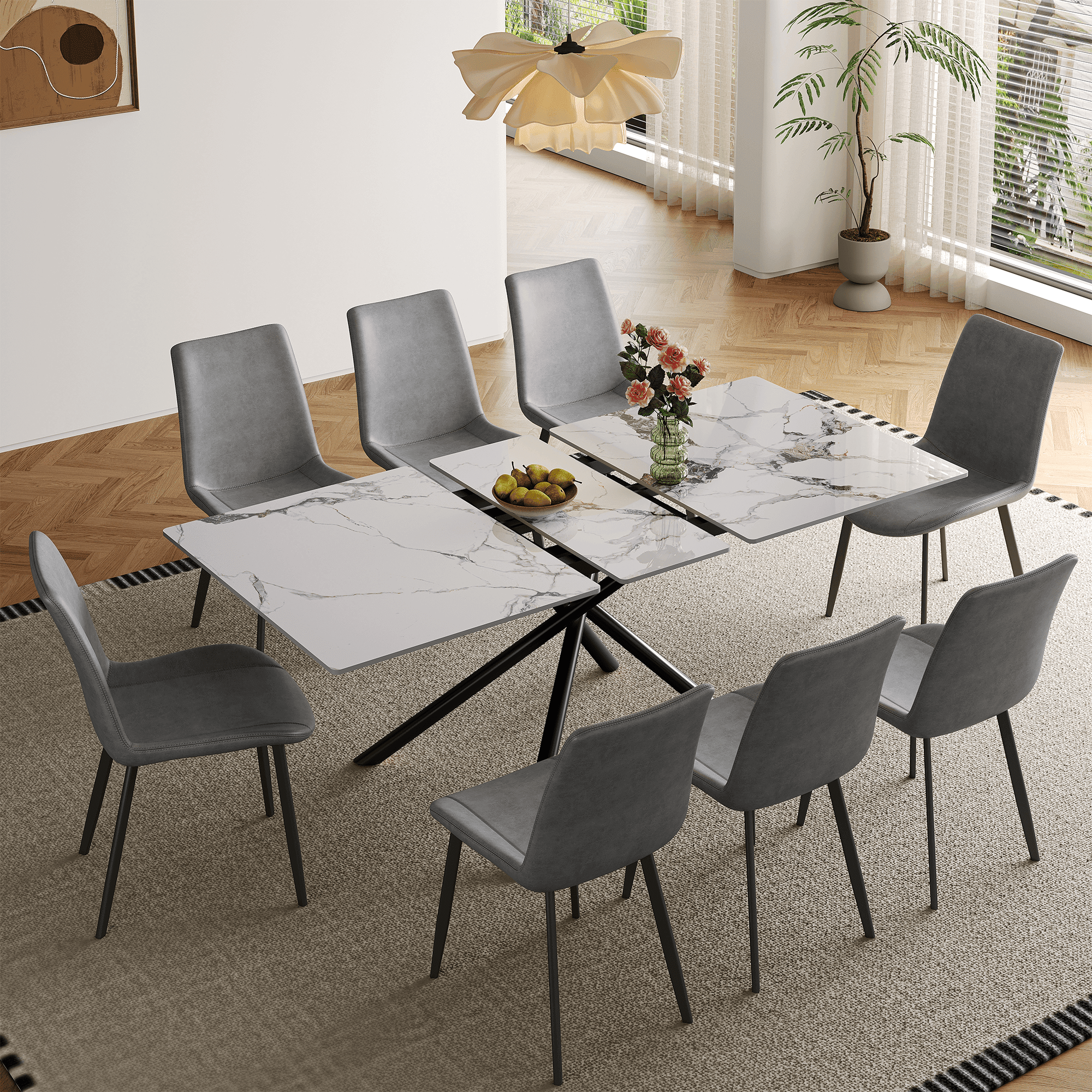 Montary 59-inch Modern Rectangle Expandable Dining Table with Retractable Leaf, Sintered Stone Top & Black Carbon Steel X-Base, Dining Table Set with 8 Gray PU Chairs for Apartments, Kitchen