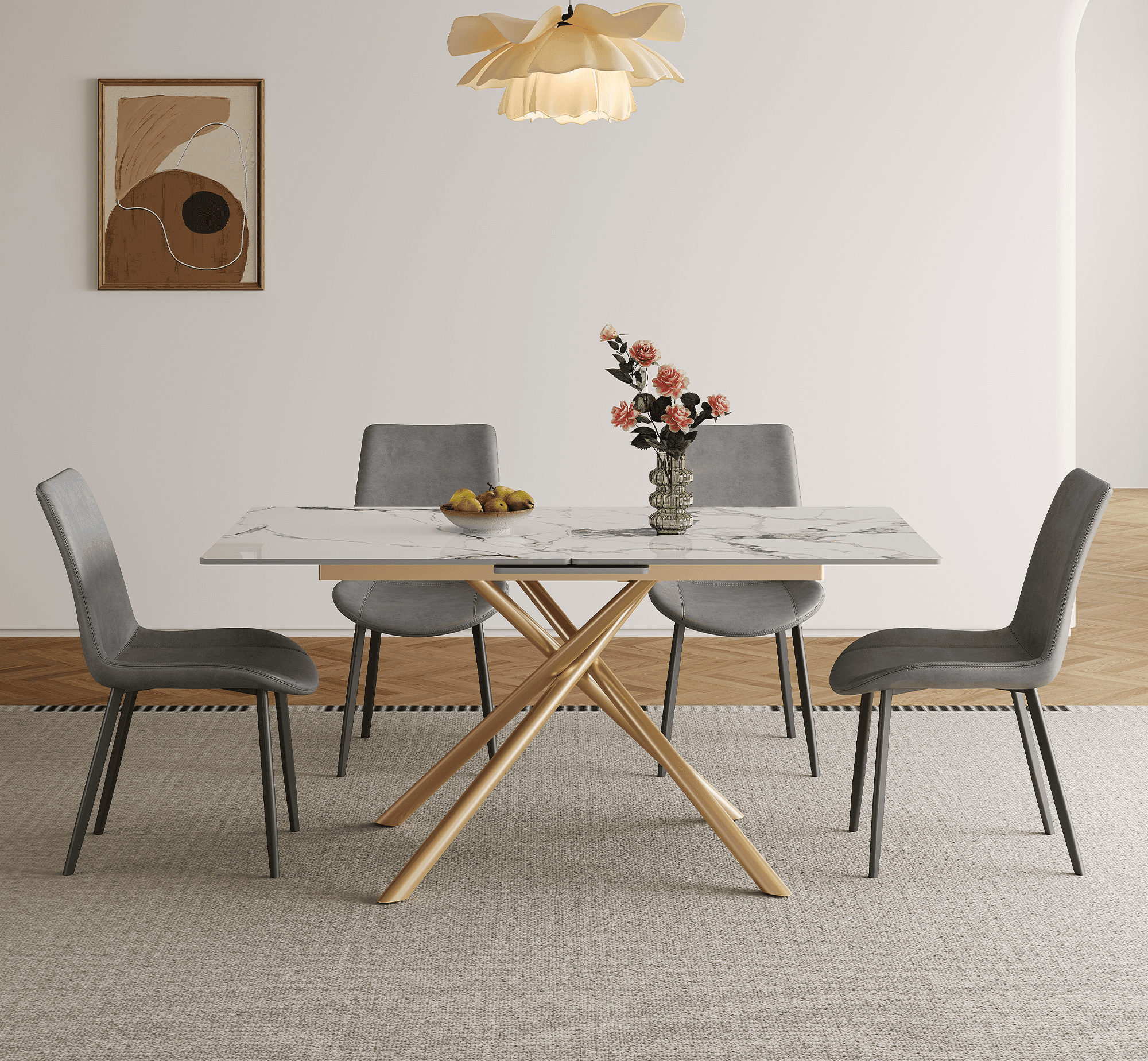 Montary 59-inch Modern Rectangle Expandable Dining Table with Retractable Leaf, Sintered Stone Top & Golden Carbon Steel X-Base, Dining Table Set with 4 Gray PU Chairs for Apartments, Kitchen