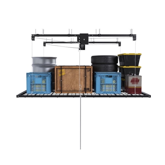 Montary 5x9 FT Overhead Garage Storage Rack, Adjustable Lift with Safety Lock, 400LBS Capacity, Heavy Duty Steel Shelving for Ceiling, Attic, Basement, Black