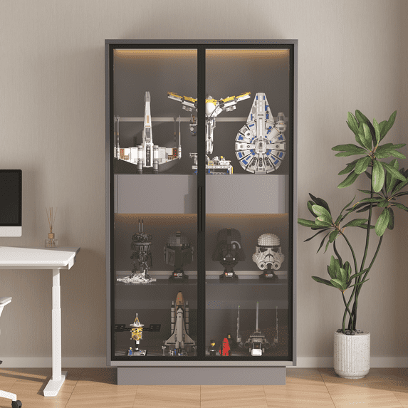 Montary 60.6" LED Display Cabinet with Tempered Glass Door & Two Drawers, Modern Storage for Living Room/Office/Study, Grey