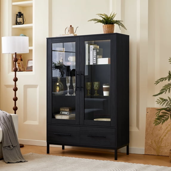 Montary 60" Tall LED Display Cabinet with Tempered Glass Door & Two Drawers, Modern Storage for Living Room/Office/Study, Black