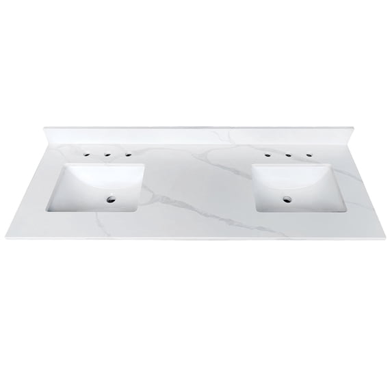 Montary 61-inch Quartz Bathroom Vanity Top with Undermounted Double Bowl Sink & 4 Inch High Backsplash, 3/4" Thick Quartz Stone Vanity Sink Tops with Pre-Drilled Holes, Calacatta White