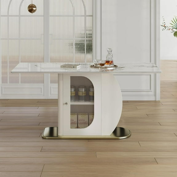 Montary 63" Modern Dining Table for 4-6 People, Kitchen Table with Storage Shelf & Acrylic Door Cabinet, Sintered Stone Tabletop with Golden Solid Wood Base, Perfect for Apartments and Home Use