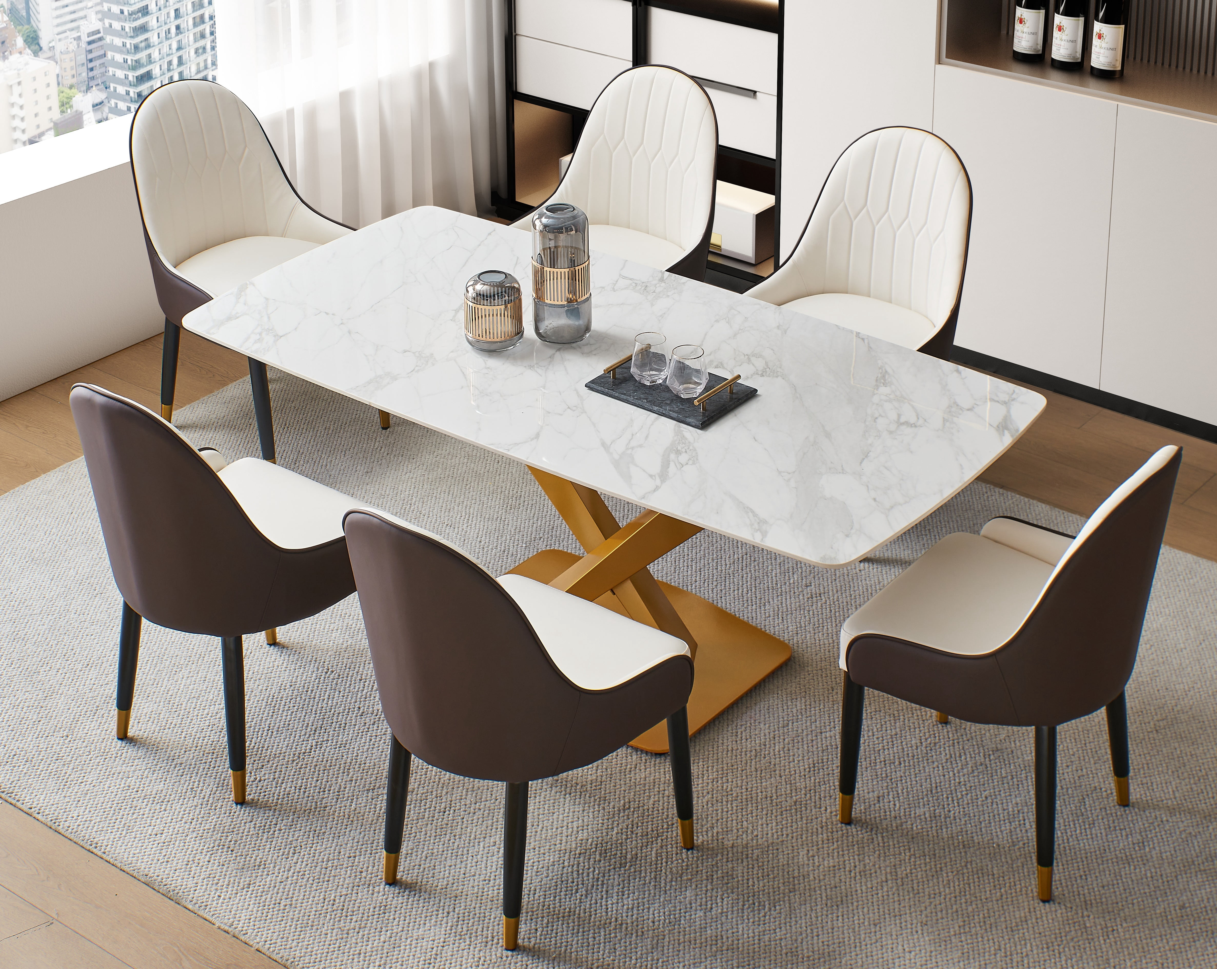 Montary 63 inch Engineered Stone Kitchen Dining Table Set with 6 Chairs ...