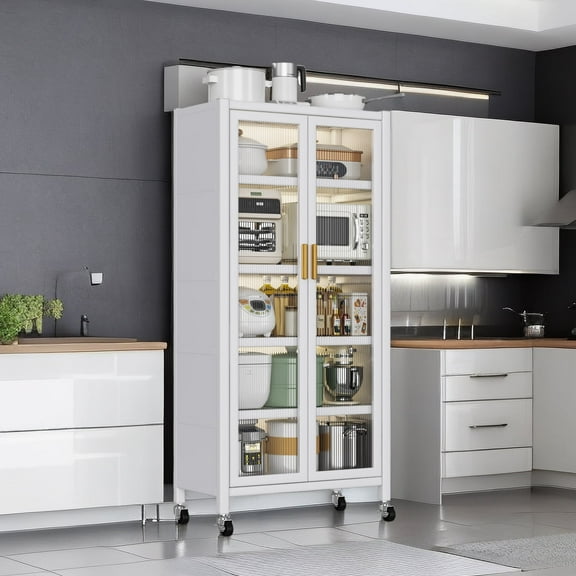 Montary 67" Whtie Freestanding Pantry - Acrylic Glass Doors, 5 Adjustable Shelves for Kitchen/Dining Room