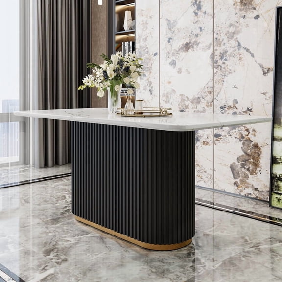 Montary 69 Inch Rectangular Faux Marble Dining Table for 4-6 Seat, Black Wave Metal Base with Gold Decoration - for Kitchen & Dining Room(Only Table)
