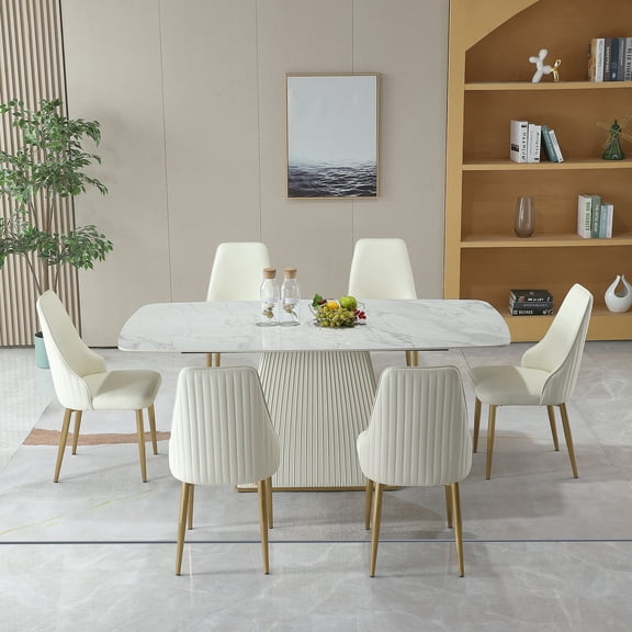 Montary 7 Piece Dining Room Set, Modern Dining Table and Chairs Set, Sintered Stone Dining Table Set for 6, White Marble Dining Table with 6 Chairs for Kitchen, Dining Room