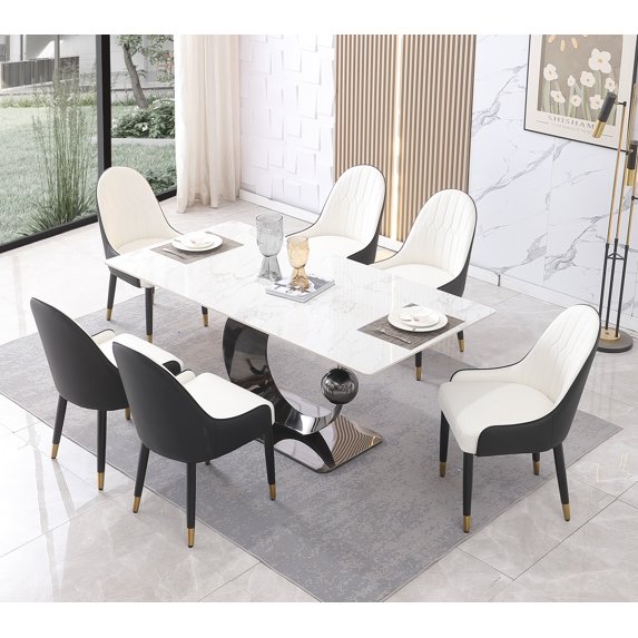 Montary 7 Piece Dining Room Set, Modern Dining Table and Chairs Set, Sintered Stone Dining Table Set for 6, White Marble Dining Table with 6 Chairs for Kitchen, Dining Room