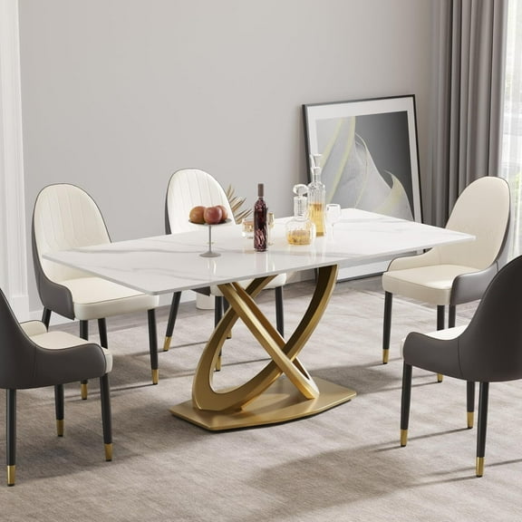 Montary 7 Piece Dining Table Chairs Set, Modern Dining Table Set of 6, Includes 71" Rectangle Artificial Marble Table with Gold Double-Ring Base, 6 Brown Dining Chairs for Home, Kitchen