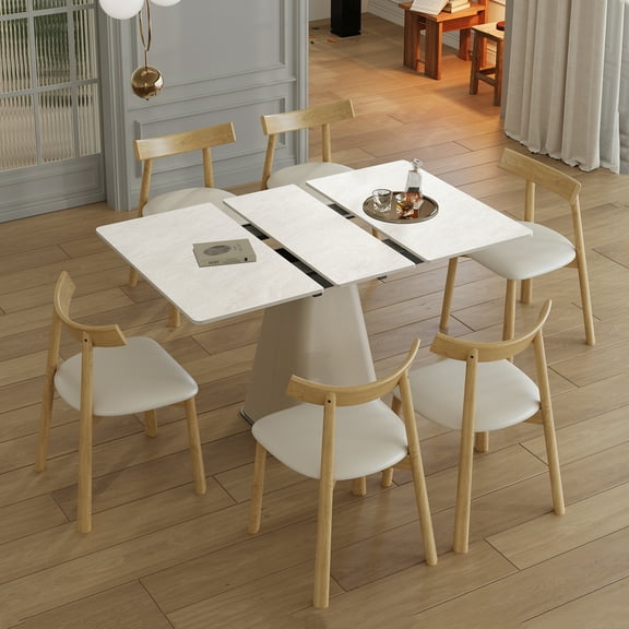 Montary 7-Piece Dining Table Set, Expandable Retractable Rock Slab Table with 6 Natural Wood Chairs, Leather-Wrapped Base, Space Saving for Small Apartments