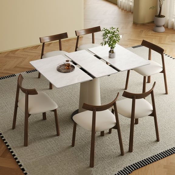 Montary 7-Piece Dining Table Set, Expandable Retractable Rock Slab Table with 6 Walnut Chairs, Leather-Wrapped Base, Space Saving for Small Apartments