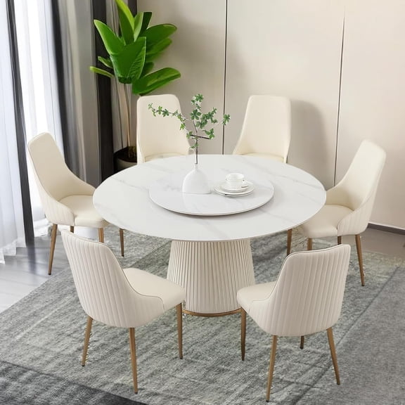 Montary 7 Piece Dining Table Set, Modern Dining Table Set of 6, Includes 59" D Marble Round Dining Table with Lazy Susan, 6 Cream White Dining Chairs for Home, Kitchen, Dining Room