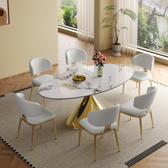 Montary 7 Piece Modern Dining Table Set of 6, Oval 71" Faux Marble Dining Table with Sintered Stone Top and Gold Stainless Steel Base Dining Room Table with 6 Dining Chairs